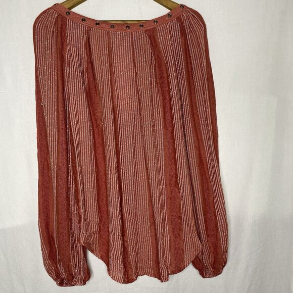 FREE PEOPLE Blouse V-Neck Rivets Tied Front Long Sleeve Boho Chic Womens M Red - Picture 3 of 10